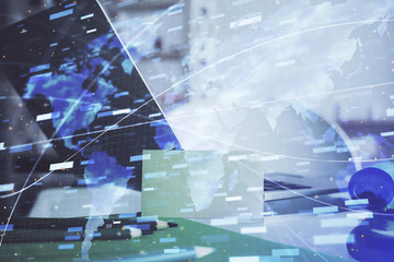 Technology theme drawing and table with computer. Double exposure. Concept of information.