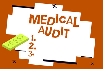 Writing note showing Medical Audit. Business photo showcasing Review of the professional standards of examinings in treating.
