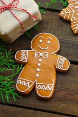 Fototapeta na wymiar gingerbread. gifts and holiday, happy New Year. festive background. food background. top view. copy space