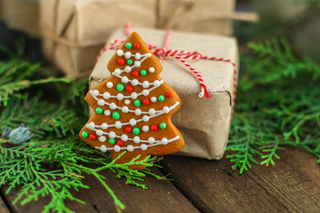 gingerbread. gifts and holiday, happy New Year. festive background. food background. top view. copy space
