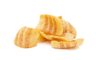 Fried wheat-potato snack with smoked bacon flavor isolated on white background