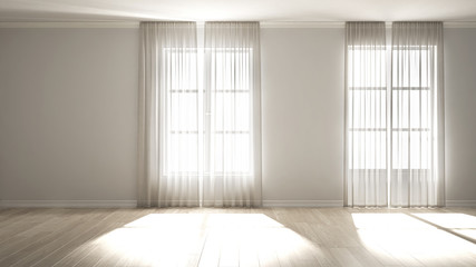 Stylish empty room with panoramic windows, parquet wooden floor, classic shutters, classic white curtains. White background with copy space, interior design concept idea