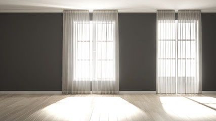 Stylish empty room with panoramic windows, parquet wooden floor, classic shutters, classic white curtains. Gray background with copy space, interior design concept idea