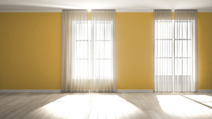 Stylish empty room with panoramic windows, parquet wooden floor, classic shutters, classic white curtains. Yellow background with copy space, interior design concept idea