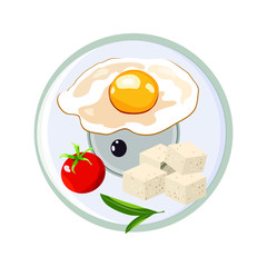 Vector concept of breakfast in cartoon style. On a plate dairy products, cheese, eggs and tomatoes. Concept for breakfast menu, cafe, restaurant. Logo design template. Food background.