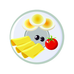 Vector concept of breakfast in cartoon style. On a plate dairy products, cheese, eggs and tomatoes. Concept for breakfast menu, cafe, restaurant. Logo design template. Food background.