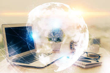 Double exposure of business theme icons and work space with computer background. Concept of success.