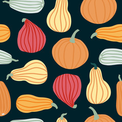 Hand draw Pumpkin Seamless Pattern in simple Doodle Style Vector Background colorful Pumpkins of different shapes and sizes isolated on dark background. Template for Halloween, Thanksgiving, Harvest