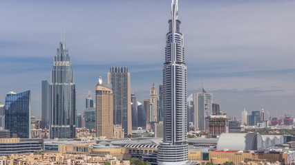 Aerial morning cityscape with architecture of Dubai downtown timelapse, United Arab Emirates.