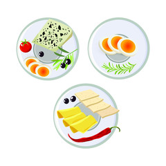 Vector concept of breakfast in cartoon style. On a plate dairy products, cheese, eggs and tomatoes. Concept for breakfast menu, cafe, restaurant. Logo design template. Food background.