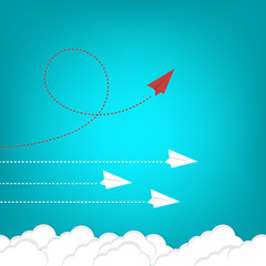 Think differently concept. Red airplane changing direction. Vector illustration	