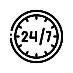 Twenty-four-seven Service Vector Thin Line Icon. Twenty Four Hours Seven Days In Week, Hotel Performance Of Service Equipment Linear Pictogram. Business Hostel Items Monochrome Contour Illustration