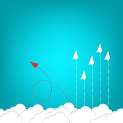 Think differently concept. Red airplane changing direction. Vector illustration	