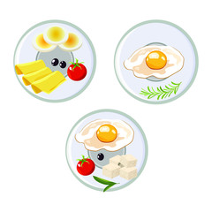 Vector concept of breakfast in cartoon style. On a plate dairy products, cheese, eggs and tomatoes. Concept for breakfast menu, cafe, restaurant. Logo design template. Food background.