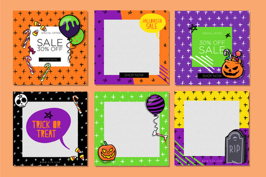 6 Post Layouts with halloween vector elements skull, pumpkin, candy, ballons sale and photos for instargram social media