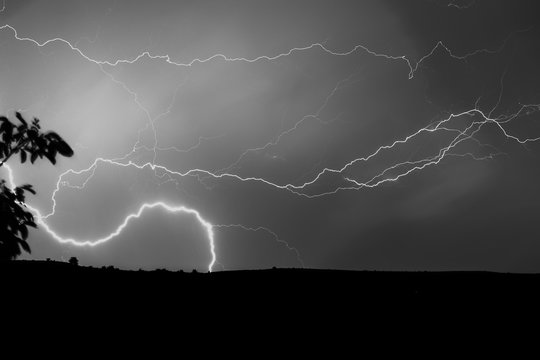Thunderstorm in black and white, landscape picture 