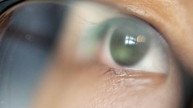 Eye in eyeglasses moving and flickering