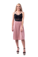 Candid photo of young stylish pretty blonde woman in summer fashion smiling. Full body isolated on white background. 