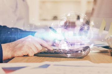 Man's hands working with notes background. Social networking concept.