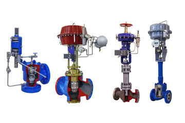 four modern shut-off valve with automatic and manual control for a gas pipeline isolated on white background