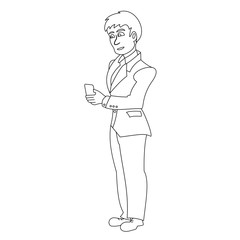Businessman with smart phone in hand. Vector illustration with continuous lines on white background.