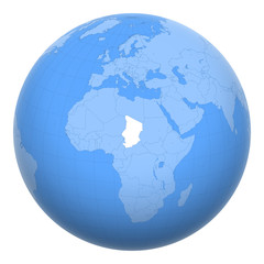 Chad on the globe. Earth centered at the location of the Republic of Chad. Map of Chad. Includes layer with capital cities.