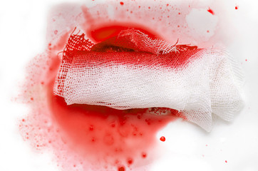 Close-up Blood with Gauze, bloody gauze bandage