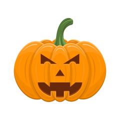 Halloween pumpkin isolated on white background. Cartoon orange pumpkin with smile, funny face. The main symbol of the Halloween, autumn holidays. Vector illustration for any design.