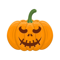 Halloween pumpkin isolated on white background. Cartoon orange pumpkin with smile, funny face. The main symbol of the Halloween, autumn holidays. Vector illustration for any design.