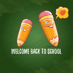 Back to school banner or poster with cartoon funky pencil and hand drawn doodle text label on green chalkboard texture backdrop. Vector back to school background with cartoon school supplies