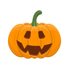 Halloween pumpkin isolated on white background. Cartoon orange pumpkin with smile, funny face. The main symbol of the Halloween, autumn holidays. Vector illustration for any design.