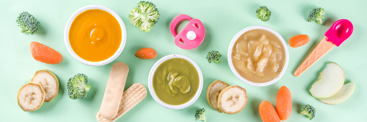 Infant baby food. Bowls with vegetable fruit puree, green, orange, yellow colors - broccoli,...