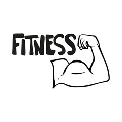 Black, white Muscular Strong Arm, Powerful Hand, Bicep. Gym, Bodybuilding, Sport Vector. Fitness, gym, health, power. Badge, icon, sticker, logo. Doodle Illustration with lettering isolated background