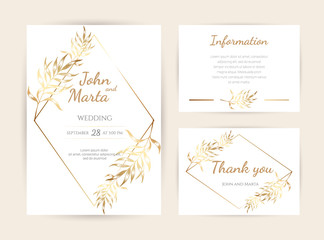 Luxury Wedding invitation cards with gold geometric polygonal lines vector design template. eps10