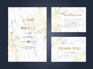 Naklejka na ściany i meble Luxury Marble Wedding invitation cards with gold geometric polygonal lines vector design template. eps10