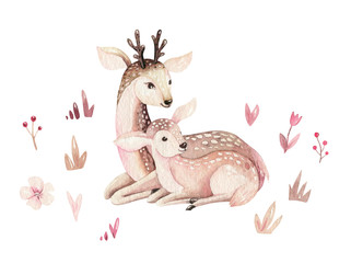 Watercolor little deer baby and mother watercolour bembi cartoon baby nursery. Forest funny young deer illustration. Fawn animal. Mom and baby decor - obrazy, fototapety, plakaty