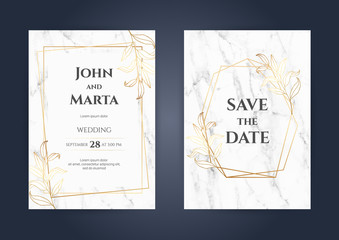 Luxury Marble Wedding invitation cards with gold geometric polygonal lines vector design template. eps10