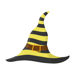 Cartoon striped witch hat with buckle isolated on white background. Children kid costume masquerade party. Design element for Halloween. Vector illustration.