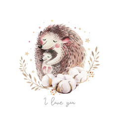 Fototapeta na wymiar Watercolor Mothers day card - mother hedgehog embrace her child. Little deer baby and mother watercolour cartoon baby nursery. Forest funny young hedgehog illustration. Mom and baby decor