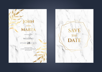 Luxury Marble Wedding invitation cards with gold geometric polygonal lines vector design template. eps10