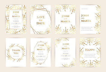 Luxury Wedding invitation cards with gold geometric polygonal lines vector design template. eps10