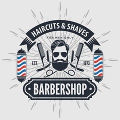 Barber shop poster, banner template with hipster face. Vector illustration