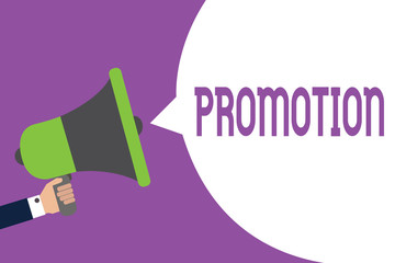 Word writing text Promotion. Business concept for Activity supporting a cause Advertising Advance in rank Sale Man holding megaphone loudspeaker speech bubble message speaking loud