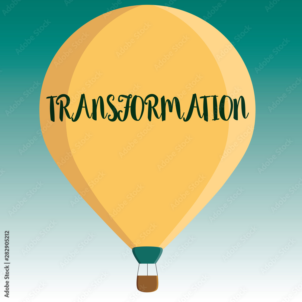 Poster handwriting text transformation. concept meaning a marked change in form takes into different level 