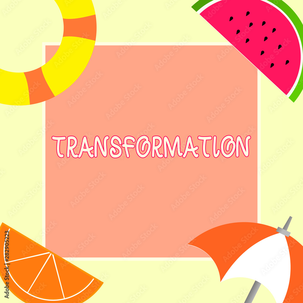 Poster handwriting text transformation. concept meaning a marked change in form takes into different level 