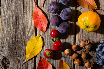 Fototapeta na wymiar autumn fruits and vegetables on weathered wooden table background