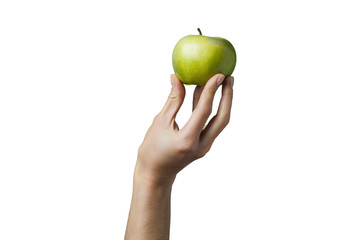 Green apple in hand isolated on white background 