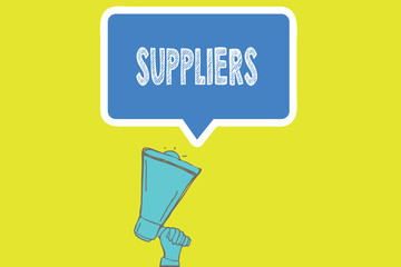 Handwriting text writing Suppliers. Concept meaning Providers of something needed like goods equipment products.