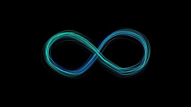 Infinity symbol appears of multiple glowing lines, animated figure. Emerging glowing turquoise infinity sign on black background from many lines. Lines draw moving infinity sign.