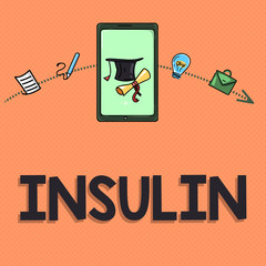 Writing note showing Insulin. Business photo showcasing Protein pancreatic hormone Regulates the glucose in the blood.